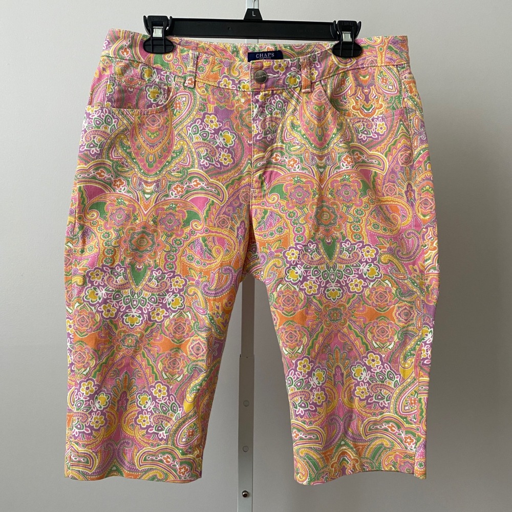 Chaps Cotton Boho Coastal Quirky Paisley Print Stretch Denim Capris 12 Multi